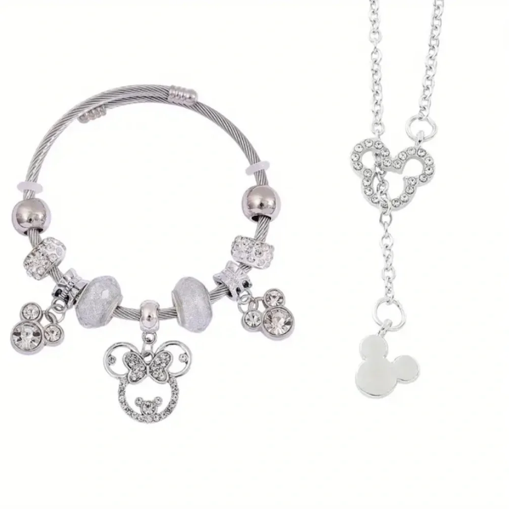(New in package) Mickey Mouse Elegant Silver Charm Bracelet and Necklace Set